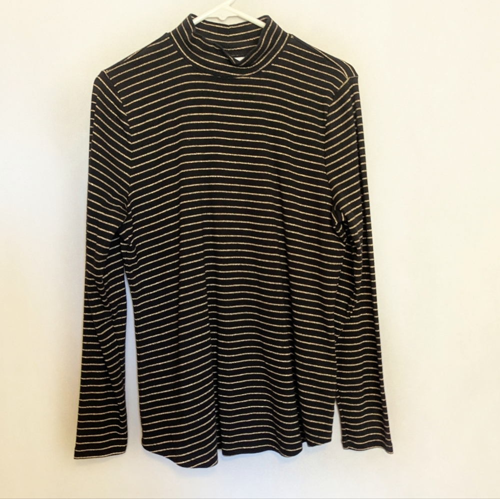 Charter Club Black and Gold Striped Long Sleeve Mock Turtleneck Top- Size XL